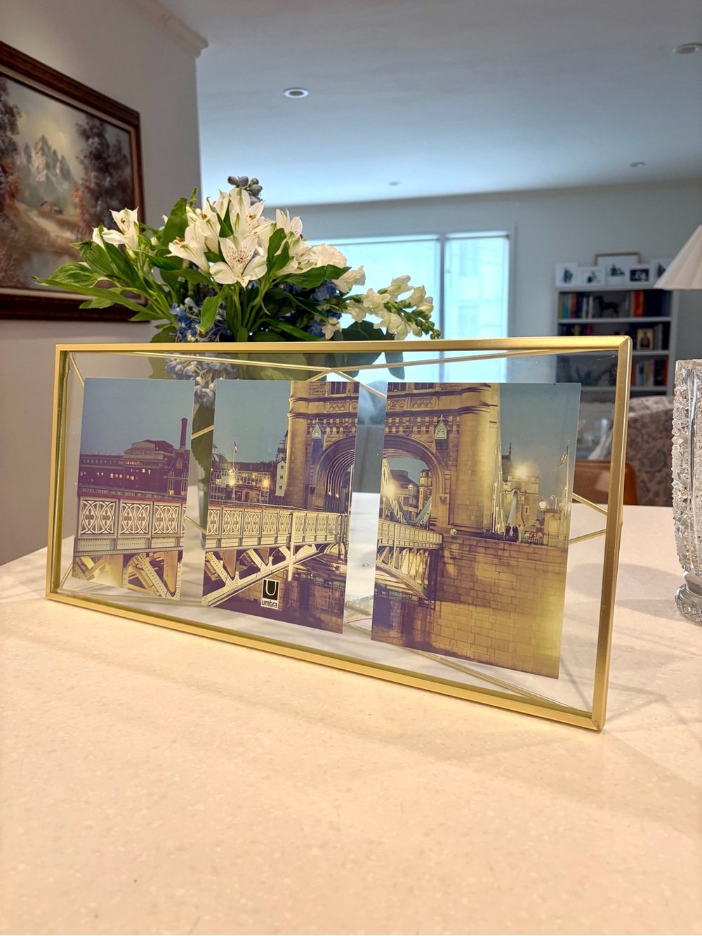 NEW in box, Gold Umbra geometric wire multi-photo frame, 19”x9”